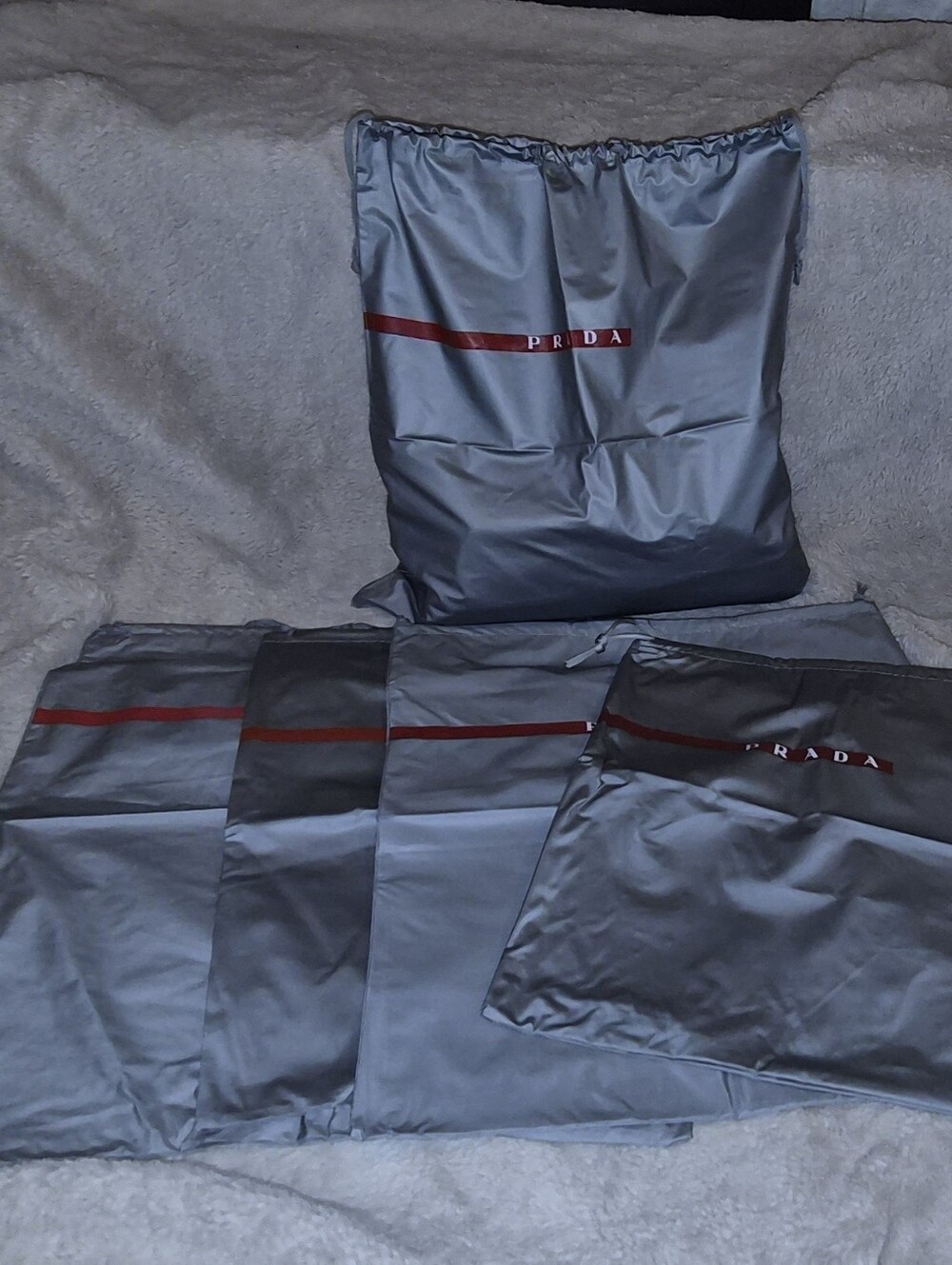 5 Prada Gray Nylon Dust Bags with Red Logo Strip